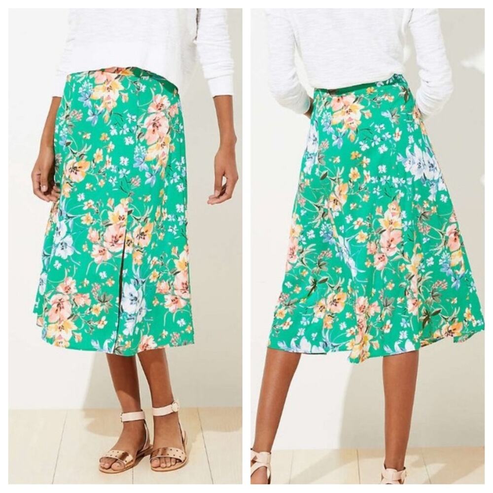 LOFT Fluid Woven Midi Skirt in Green Floral - Size 2
